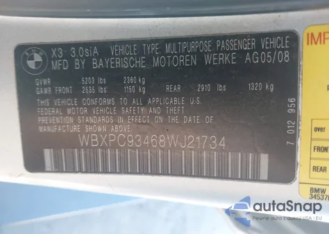 2008 BMW X3 3.0Si из США, поврежденный, VIN WBXPC93468WJ21734